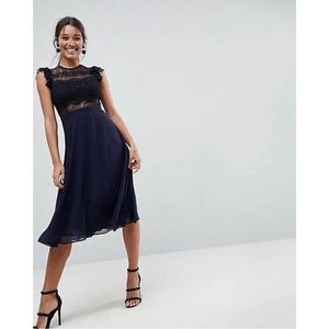 ASOS Frill Sleeve Lace Midi Dress Size 8 Cocktail Sexy Navy Blue Flowy Party